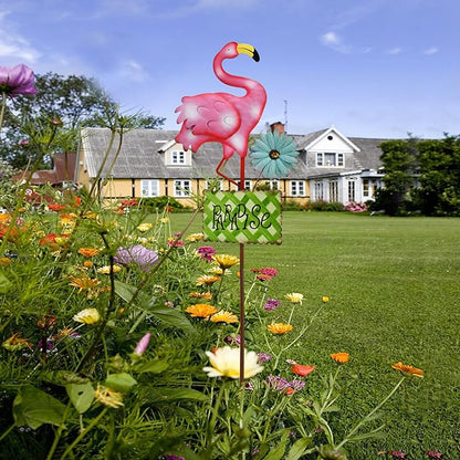 Metal Flamingo Garden Stakes Welcome Yard Sign Decorative Pink Flamingos Ornament Indoor Outdoor Party Stake Lawn Art Patio Backyard Flower Bed Decor (Green, L)