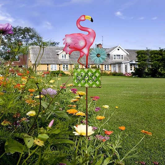 Metal Flamingo Garden Stakes Welcome Yard Sign Decorative Pink Flamingos Ornament Indoor Outdoor Party Stake Lawn Art Patio Backyard Flower Bed Decor (Green, L)