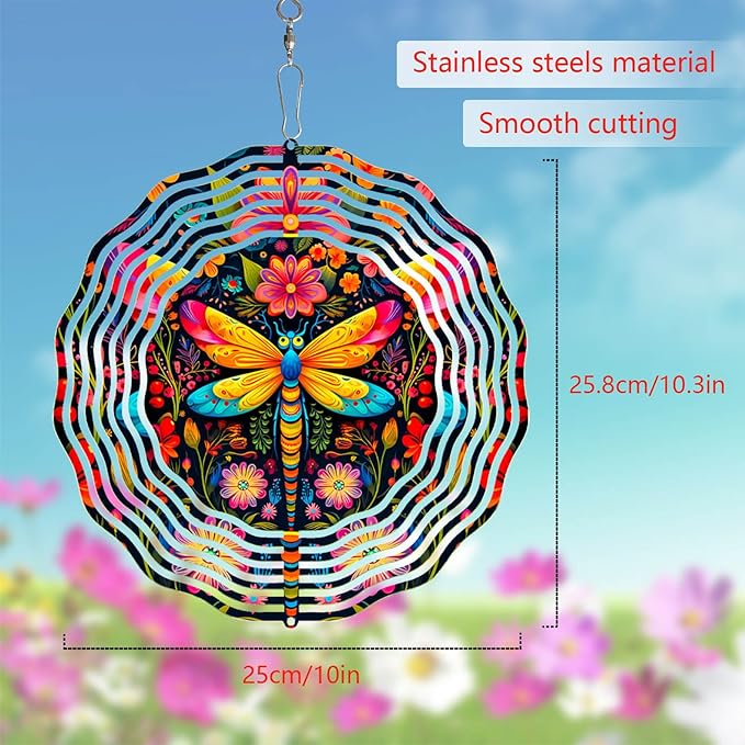 Dragonfly Wind Spinner, 3D Metal Kinetic Hanging Wind Sculpture Spinners for Yard and Garden Decoration, 10 inch Ornament Spinner