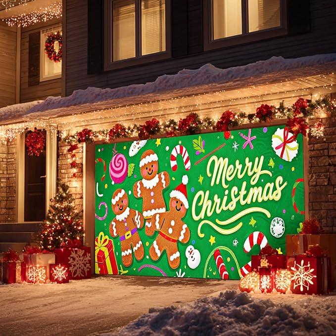 HOMETITUTE Merry Christmas Garage Door Banner 13x6ft Festive Gingerbread Man Candy Gift Boxes Holiday Door Cover Outdoor Yard Decoration Seasonal Display