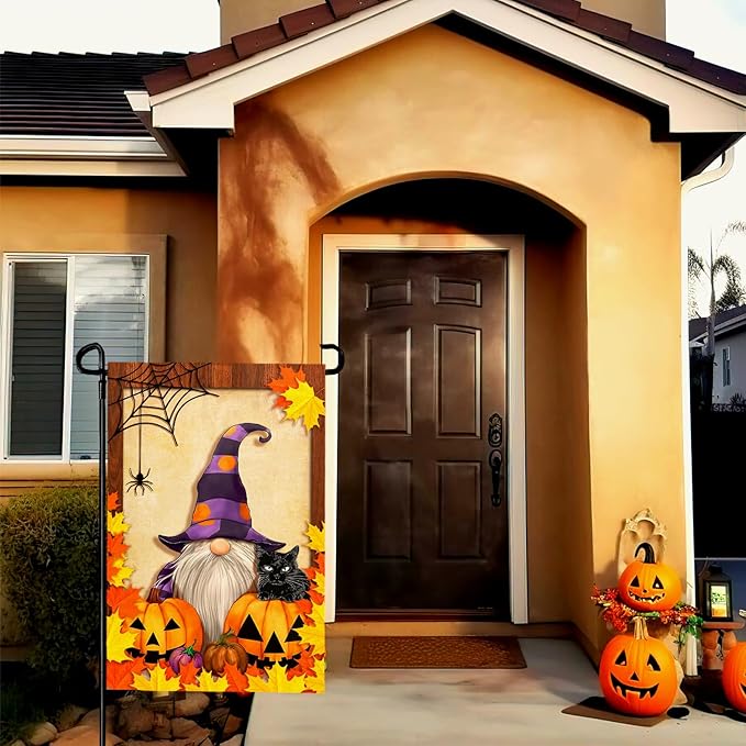 Fall Gnome Garden Flag Pumpkin Maple Leaf Garden Flags Seasonal Small Flag Double Sided Autumn Halloween Porch Patio Farmhouse Outdoor Decoration 12 x 18 Inch