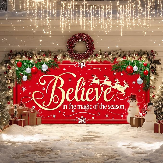 IVN Merry Christmas Happy New Year Believe Garage Door Banner 13x6 ft Christmas Garage Door Cover Wnter Scene Background Indoor Outdoor Red Snowflake Reindeer Holiday Decorations for Home and Events Wall Backdrop Decor