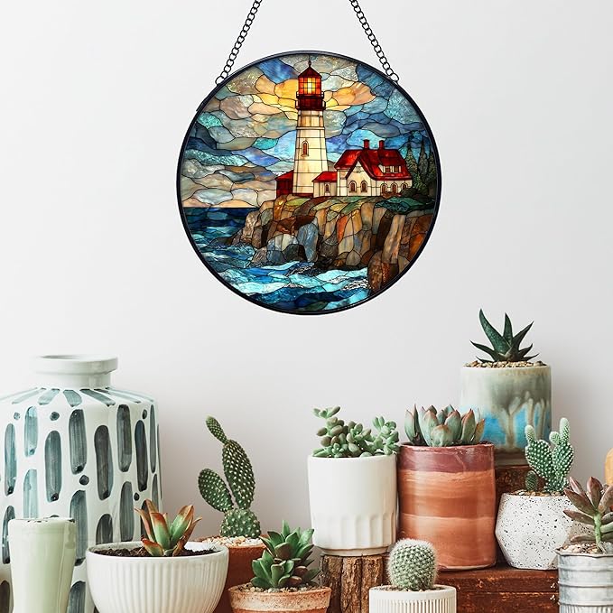 Lighthouse Stained Glass Window Hanging Suncatchers, Coastal Beach Lighthouse Sun Catchers Indoor Window Glass Wall Art Decor, Nautical Ocean Wall Hanging Decorations Sculptures, 7.9x7.9in