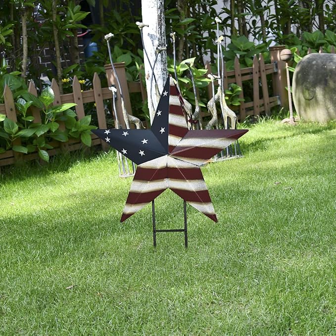 Metal Barn Star Yard Sign Patriotic Garden Stakes Hanging Star Ornament with Stake Outdoor 4th of July Lawn Decoration Party Supplies USA Flag Decor for Independence Day Memorial Day