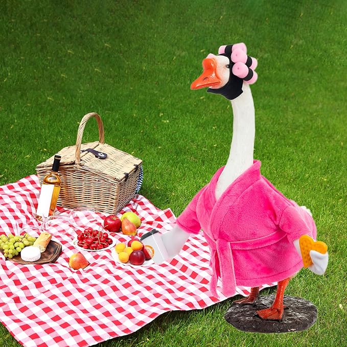 Porch Goose Outfit Fall Costume for 23'' Cement Goose Statue Winter Porch Goose Clothes Mamma Robe Self Care Outfit with Bathrobe Coffee Curlers for Outdoor Garden Yard Lawn Patio Decoration(Rose Red)