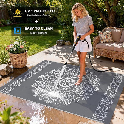 Pauwer Waterproof Outdoor Rug 6x9, Reversible Plastic Straw Patio Camping Rug, Indoor Outdoor RV Mat Carpet for Deck, Camper, Porch, Balcony, Backyard, Picnic, Floral Grey