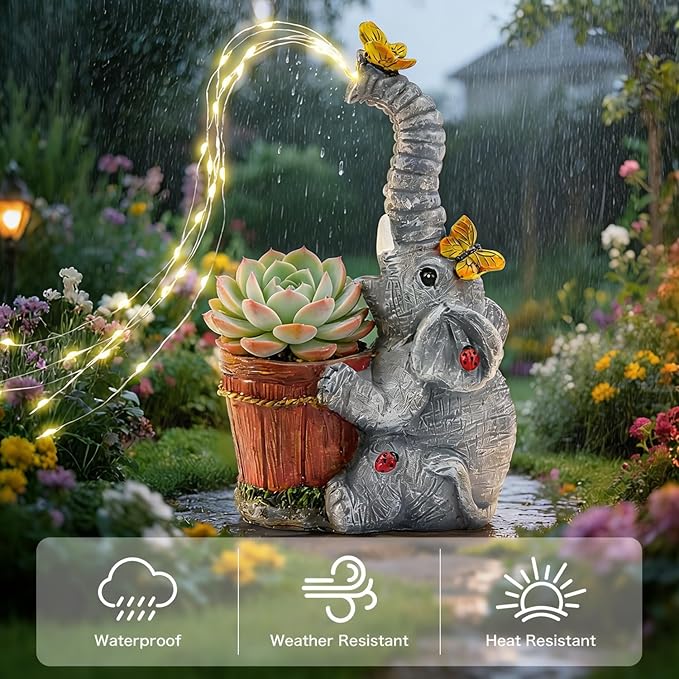 HUYIENO Solar Elephant Statue Garden Light Cute Resin Outdoor Decor with Watering Can Fairy Lights Waterproof Yard Patio Lawn Decoration Unique Gift for Elephant Lovers