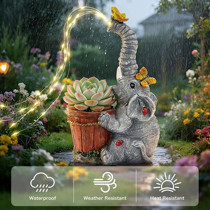 HUYIENO Solar Elephant Statue Garden Light Cute Resin Outdoor Decor with Watering Can Fairy Lights Waterproof Yard Patio Lawn Decoration Unique Gift for Elephant Lovers