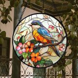 DASTOLL Stained Glass Window Hanging, Blue Bird Pink Flower Suncatcher Diamond Glass Panel Bird Sun Catchers Decor for Birthday for Women, Men, Wife, Aunt, and Mom 14.9x14.9 in