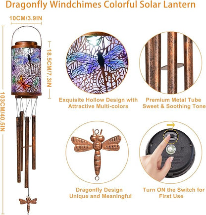 Dragonfly Solar Lights Wind Chimes for Outside, Garden Gifts for Mom Dad Solar Outdoor Lantern Metal Hanging Lights for Garden, Patio, Yard Decor, Mothers Day Birthday Gifts for Women (1Pack)