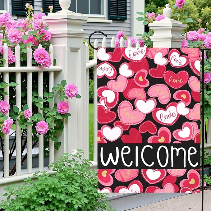 Valentines Day Garden Flag Welcome Love Heart Decorations Outdoor Yard Flags Romantic Red Pink Hearts Anniversary Holiday House Banners Seasonal Decor for Porch Patio Lawn Party 12×18 Inch