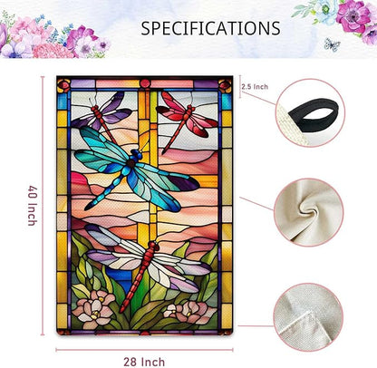 Spring Summer Dragonfly Garden Flag Stained Glass Style Flowers Garden Flag Vertical Double Sided Rustic Farmland Burlap Yard Lawn Outdoor Decor 28x40"
