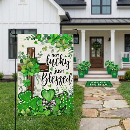CROWNED BEAUTY St Patricks Day Garden Flag Shamrocks Clover Cross Blessed 12x18 Inch Double Sided Green Holiday Decoration for Outdoor Lawn Yard CF1931-12