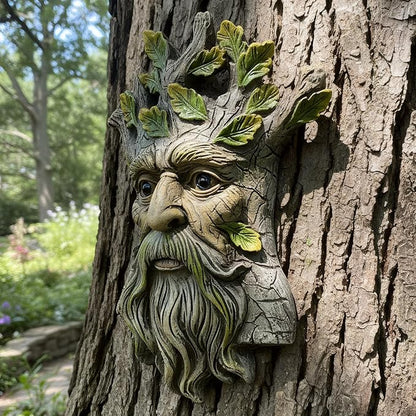 Old Man Tree Face Hugger Outdoor Decor, Handmade Tree Art Resin Statue with Leaf & Root Details, Whimsical Hanging Yard Art for Garden Wall Fence