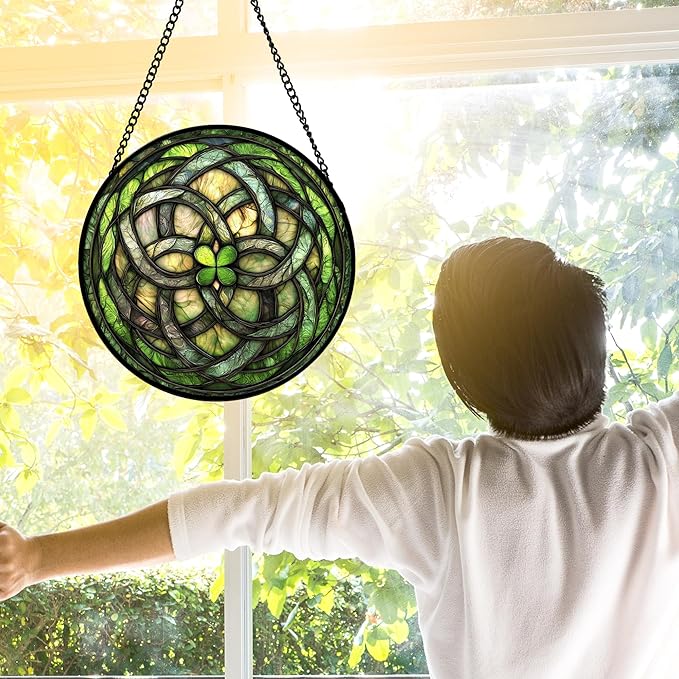 DASTOLL Stained Glass Window Hanging, Abstract Green Clover Sun Catchers Colorful Glass Panel Bless Suncatcher Decor for Birthday for Women, Men, Wife, Aunt, and Mom 9.8 in