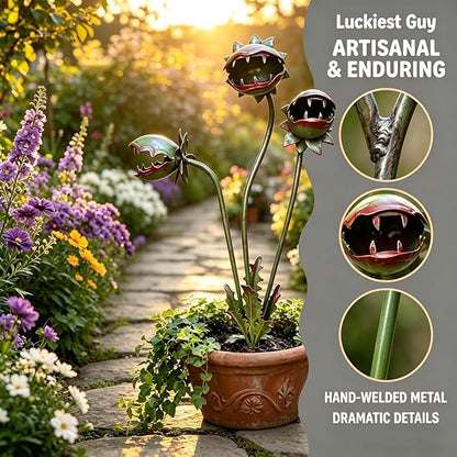 Whimsical Metal Carnivorous Plant Garden Stake, Whimsical Garden Decor, Three Dramatic Open-Mouth Blooms, Yard Art for Flower Beds, Patios & Planters, Unique Quirky