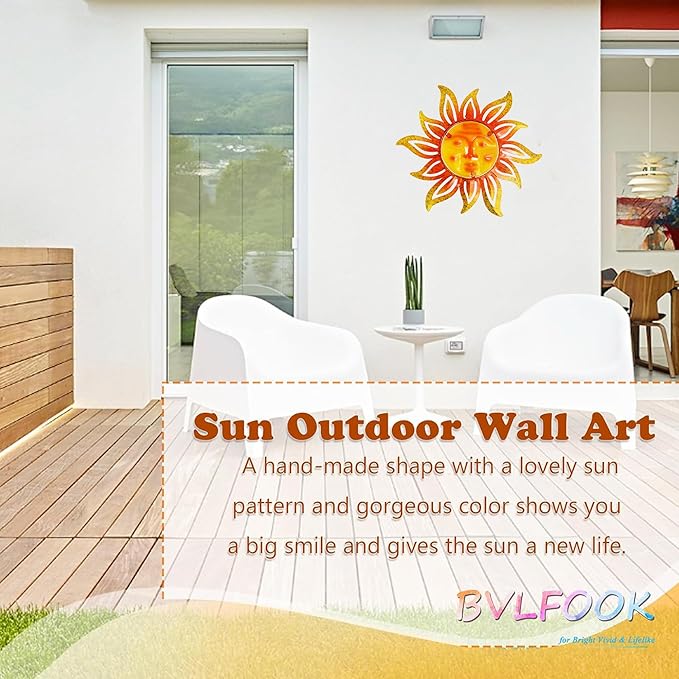 Metal Sun Wall Art Decor,12 Inch Retro Hanging Decor With Glass,Sun Face Valentine Wall Decorations For Patio Yard Garden Fence Living Room Bedroom
