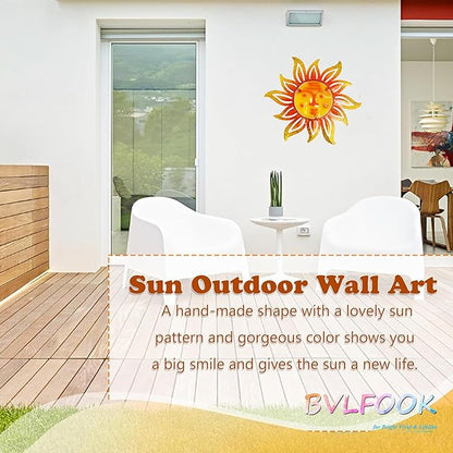 Metal Sun Wall Art Decor,12 Inch Retro Hanging Decor With Glass,Sun Face Valentine Wall Decorations For Patio Yard Garden Fence Living Room Bedroom