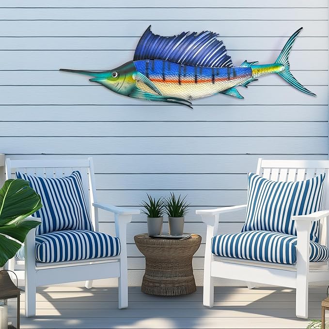 LIFFY Metal Fish Wall Art,36" Large Sailfish Wall Decor with Led Lights,Indoor Outdoor Mounted Tropical Swordfish Hanging Decorations for Home Living Room Bedroom Garden Patio