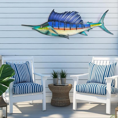 LIFFY Metal Fish Wall Art,36" Large Sailfish Wall Decor with Led Lights,Indoor Outdoor Mounted Tropical Swordfish Hanging Decorations for Home Living Room Bedroom Garden Patio