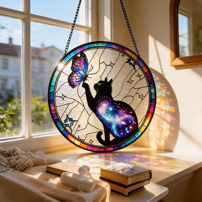 Stained Glass Sun Catcher,Cat and Butterfly Glass Window Hanging Garden Decor,Sun Catchers Indoor Window,Whimsical Decoration for Home Backyard Patio Lawn Porch with 6.3 INCH
