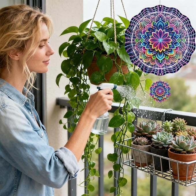 Rngmsi Mandala Wind Spinner Gifts for Women, Mandala Hanging Wind Spinners Outdoor Gifts for Mom Men Grandma, 3D Stainless Steel Metal Yard Decor for Garden Patio Lawn (12 X 12 Inches)