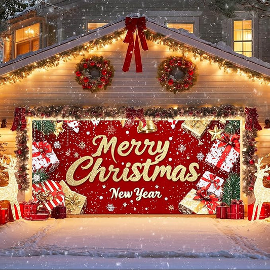 IVN Christmas Garage Door Cover Decoration 13x6ft Red Glitter Wrapped Gifts Golden Bells Snowflakes Merry Christmas Winter Garage Door Banner Home Door Front Yard Decor for Xmas Eve Holiday Outdoor