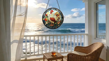 Stained Glass Window Hanging - The Golden Rooster Stared Ahead 6.3 Inches Suncatcher for Garden Home Decor for Women Mon Grandma Friends