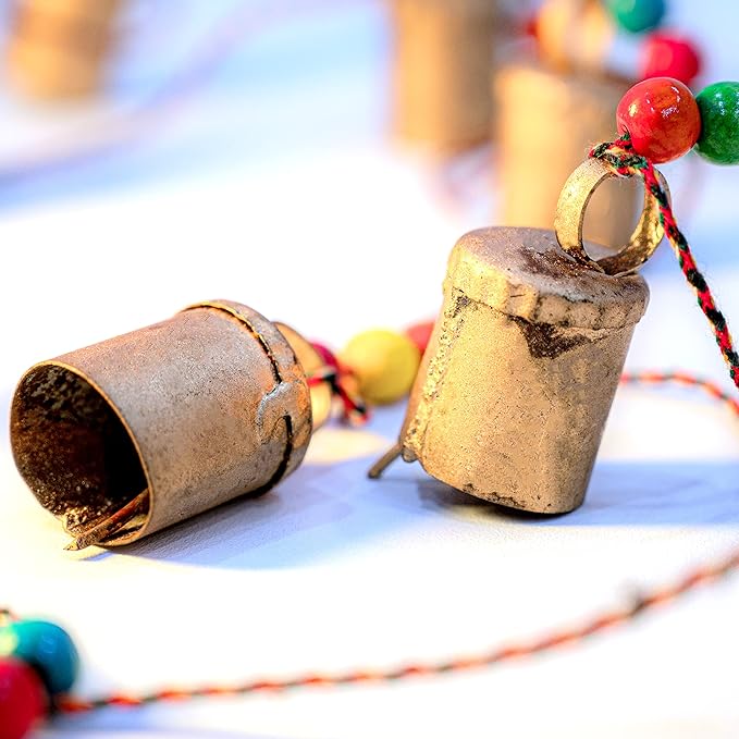 Set of 2 Rustic Vintage Bell hangings for Home Decor Wall Door Christmas New Year Decoration Garden - 5 Handmade Bells in a String with Beads. Wind Chime Bell Chime Cow Cat Cattle Bells Gifting
