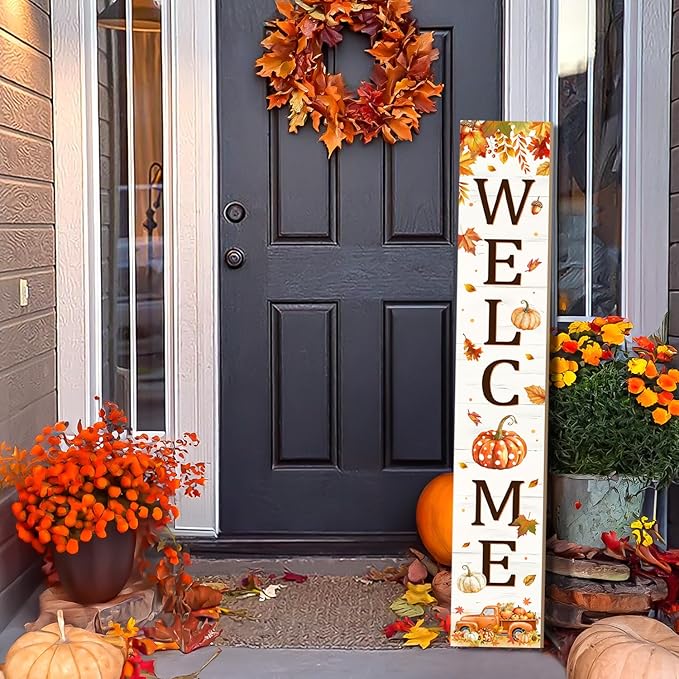 Thanksgiving Porch Sign, Fall Pumpkin Welcome Sign for Front Door, Autumn Truck Decor Yard Sign Thanksgiving Fall Standing Wood Signs Door Signs Indoor Outdoor Vertical Signs for Patio