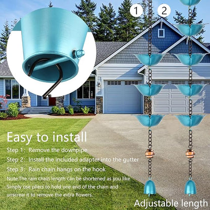 9FT Wrought Iron Rain Chain Set with 1 Adapter,Rain Chains for Outside with Rain Chain 16 Cups Flowers and Decorative Small Bell (Blue-Purple)