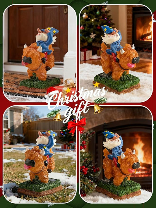 Garden Gnome Statue - Garden Gnome Riding Highland Cow - 6.7 Inch Tall Lawn Figurine - for Outdoor or House Decor - Funny Yard & Patio Decoration