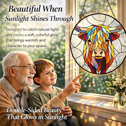 Highland Cow Suncatcher Window Hanging, 7.87" Stained Glass Decor, Meaningful Gift for Family, Friends and Loved Ones, Rustic Home Decor for Window, Wall, Living Room, Sunroom and Garden