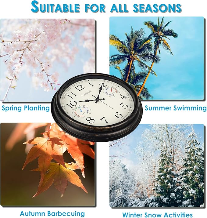Crosstime 16 Inch Outdoor Clock Waterproof with Thermometer and Hygrometer Combo, Retro Indoor Outdoor Wall Clocks for Patio, Pool, Garden, Backyard Decor- Bronze