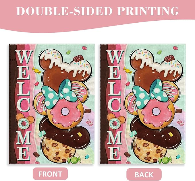 Welcome Cute Donuts Decorative Garden Flag, Pink Sweet Doughnut Chocolate Candy Yard Outside Decorations, Funny Burlap Outdoor Small Home Decor Double Sided 12 x 18