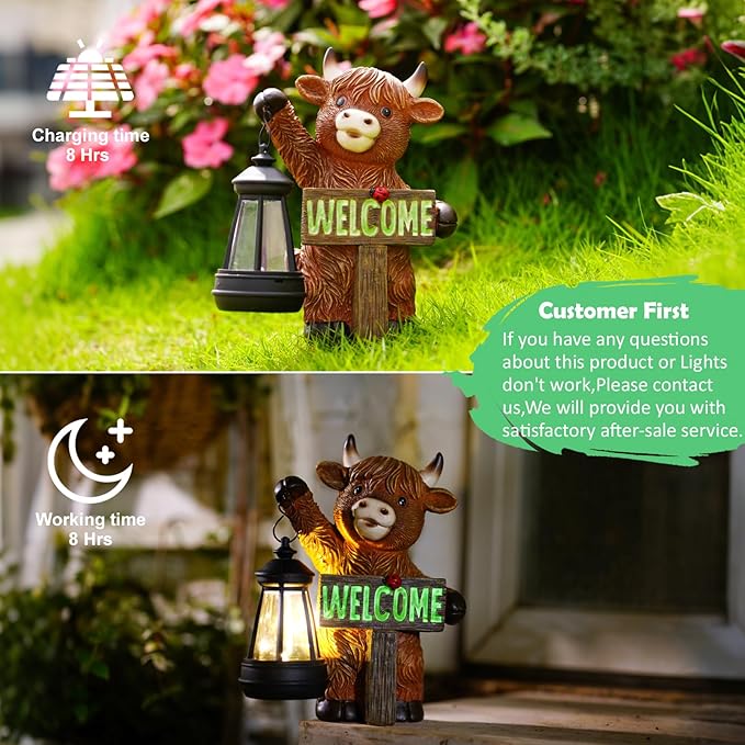 Highland Cow Decor Solar Garden Statues - Outdoor Figurines Decoration for Garden Yard Lawn Home Decor Outside : Unique Gifts for Mom Couple Grandma(Brown)