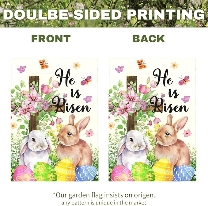 He Is Risen Easter Garden Flag for Outdoor Spring Christian Cross Floral Bunny Egg Yard Banner Religious Resurrection Sunday Decor Double Sided Farmhouse House Welcome Flags 12x18 Inch