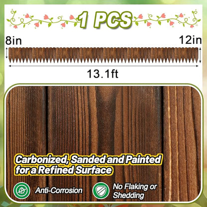 Rustic Pine Wood Garden Fence - 13.1ft L*12in H Easy to Install Sturdy Wooden Landscape Edging Border, No Fading Planter Fencing for Yard Flower Bed Lawns Pathway Tree