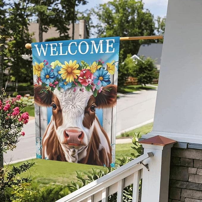 Floral Cow Garden Flags 12×18 Inch Welcome Double Sided Decorative Yard Banner Seasonal Flag for Outdoor Outside Decor
