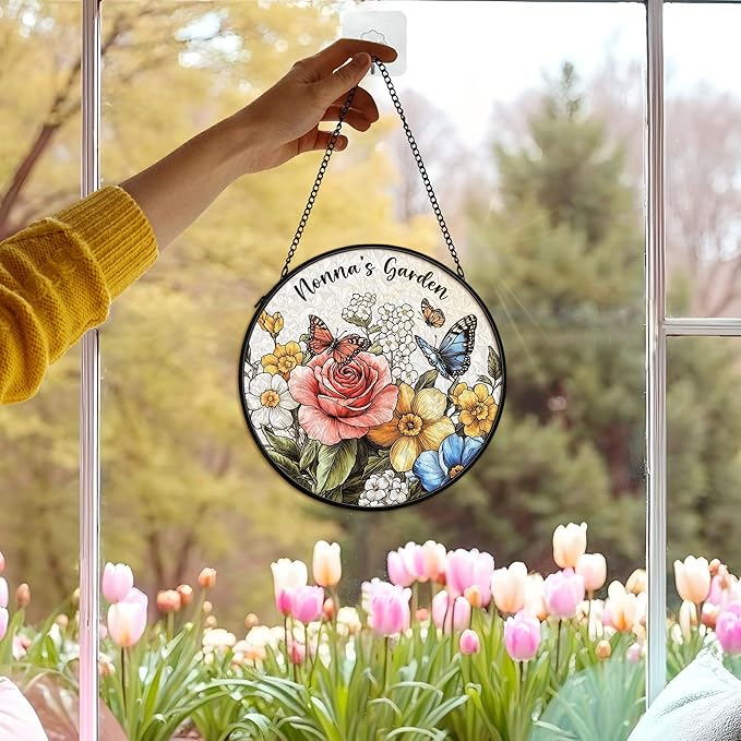 Nonna Mothers Day Christmas Birthday Gifts Suncatcher Stained Glass Window from Grandkids for Nonna Grandma, Grandma Gift Stained Glass Wall Decor, Nonna's Garden Catchers Indoor Window,7.9x7.9
