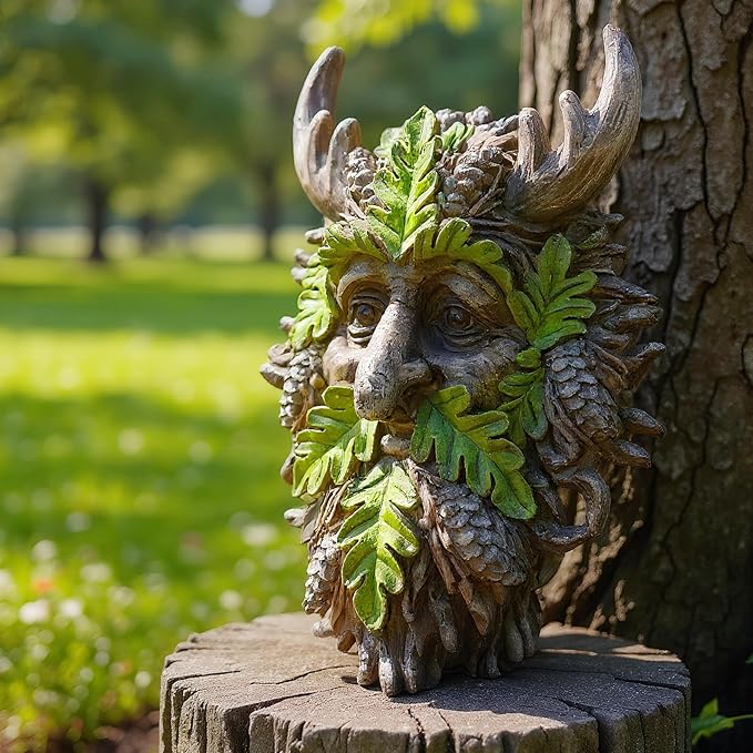 8.3" Real Tree Face Hugger Statue, Garden Outdoor Resin Sculpture with Foliage Features, Fairy Elve Accent Yard Art, Halloween Trees Decorations Outdoor Wall Mounted Statue