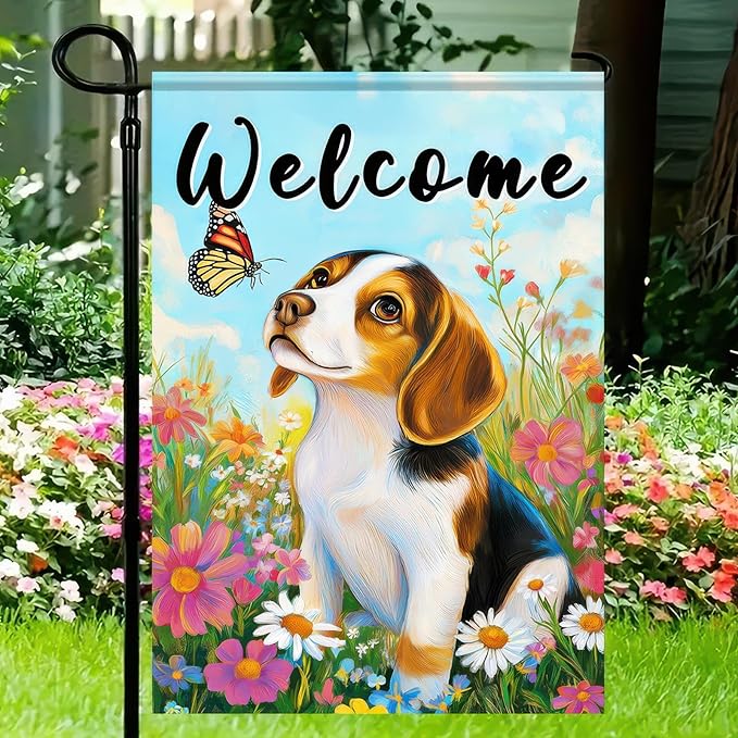 BlissYard Welcome Garden Flag Double Sided 12x18 Inch Cute Beagle Dog Flowers Seasonal Spring Small Flags For Outside Outdoor Decor Yard Farmhouse Holiday Spring Summer Decorations Yard Flags