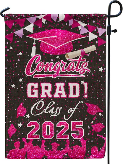 Graduation Garden Flag Class of 2025 Pink Congrats Grade Flag for Outside Party Hanging Decorations 12x18 Inch Burlap