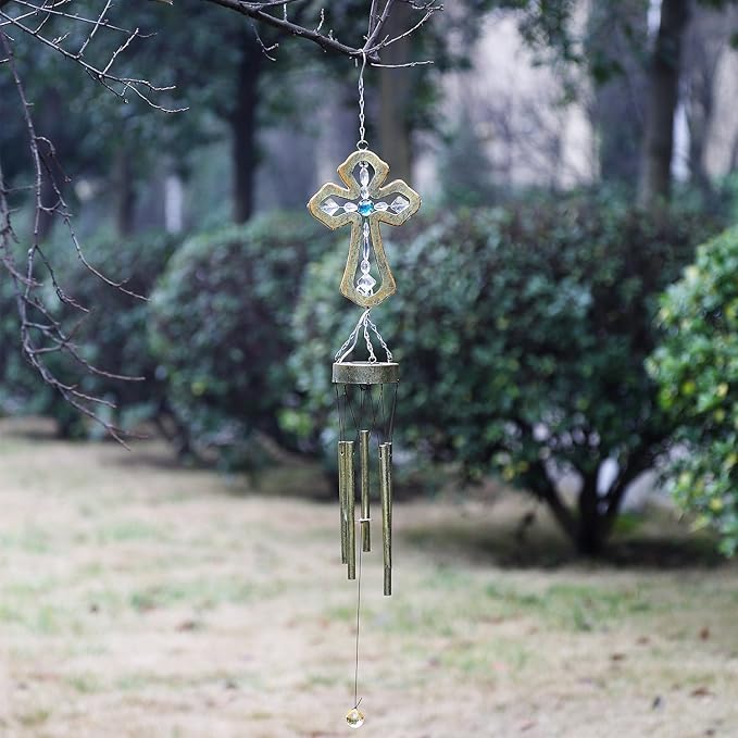 CEDAR HOME Solar Wind chime Unique Outdoor Indoor Hanging Mobile Bell WindChime Light Inspirational Religion Cross for Garden Lawn Yard Patio Waterproof Metal Glass Home Decor, 5.5"W x 3.5"D x 33"H