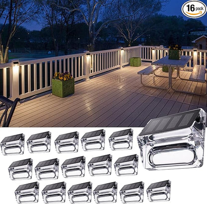 Qualdout Solar Outdoor Lights, 16 Pack Solar Fence Deck Lights Waterproof Solar Powered Outside Lighting for Step Railing Wall Pool Stair Yard Garden Patio Pool Decorations (Warm White)