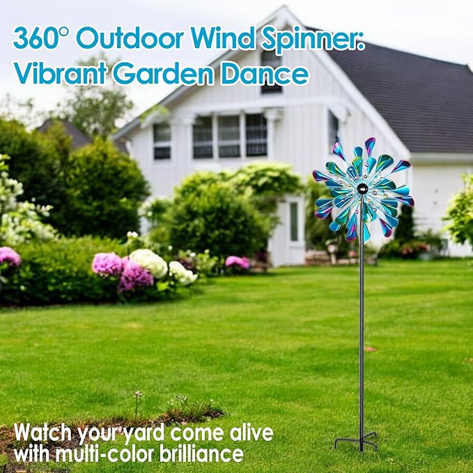 Decoroca Large Outdoor Metal Wind Spinners - Wind Sculptures & Spinners for Yard Patio Lawn Garden Decorations, Windmill Outdoor Clearance with Stable Metal Stake(Blue&Green Rotating)