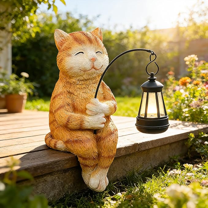 Teaeeno Cat Outdoor Statues for Garden Outside Decor with Solar Lantern Clearance for Yard Art Lawn Ornaments Porch Patio Balcony Home House for Grandma Mom Women