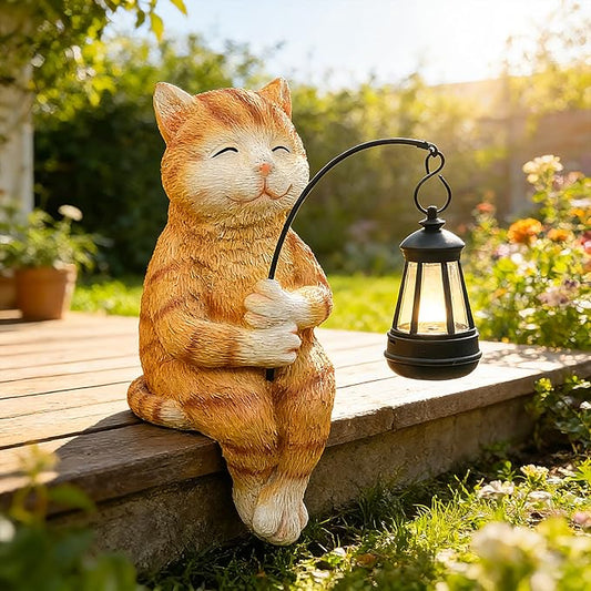 Teaeeno Cat Outdoor Statues for Garden Outside Decor with Solar Lantern Clearance for Yard Art Lawn Ornaments Porch Patio Balcony Home House for Grandma Mom Women