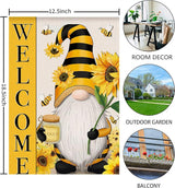 Welcome Spring Summer Garden Flag Sunflower Gnome Floral Bee Flag, 12 x 18 Inch Vertical Double Sided Burlap Banner for Outdoor Seasonal Decoration