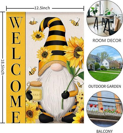 Welcome Spring Summer Garden Flag Sunflower Gnome Floral Bee Flag, 12 x 18 Inch Vertical Double Sided Burlap Banner for Outdoor Seasonal Decoration